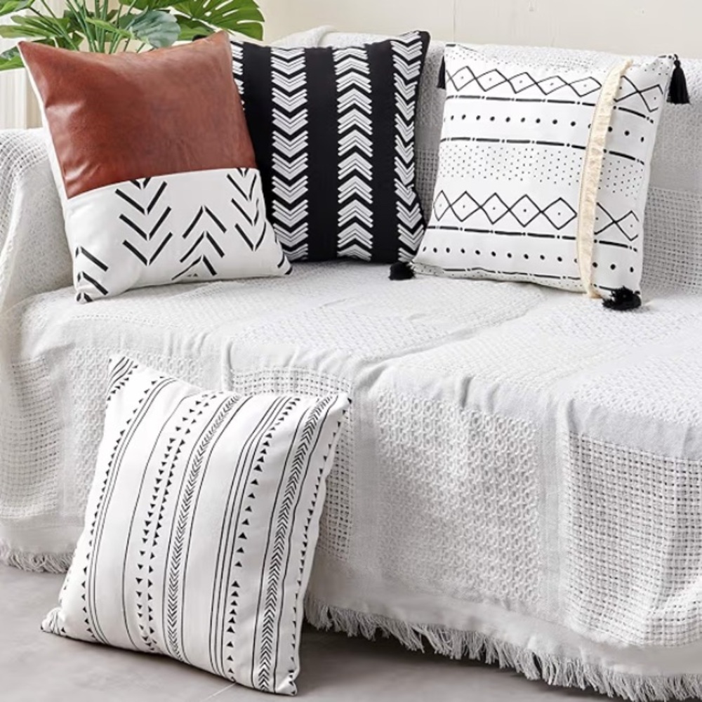 CDWERD Boho 18x18” Pillow Covers Set of 4 Faux Leather, linen, Fringe Tassels - Picture 15 of 16